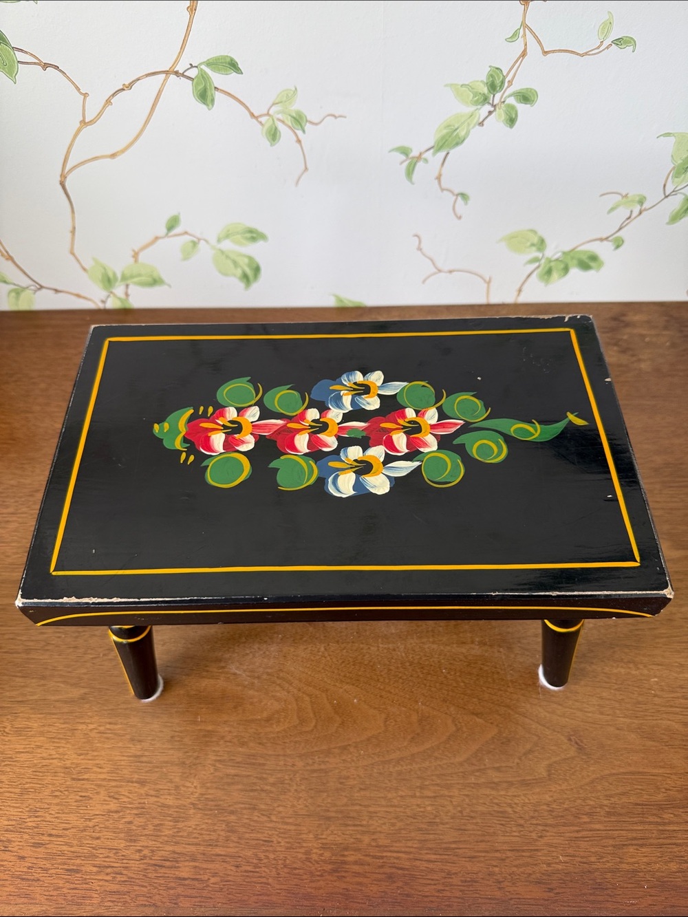 Vintage 1970 J.S. Ebersol Folk Art Hand-Painted Floral Foot Stool